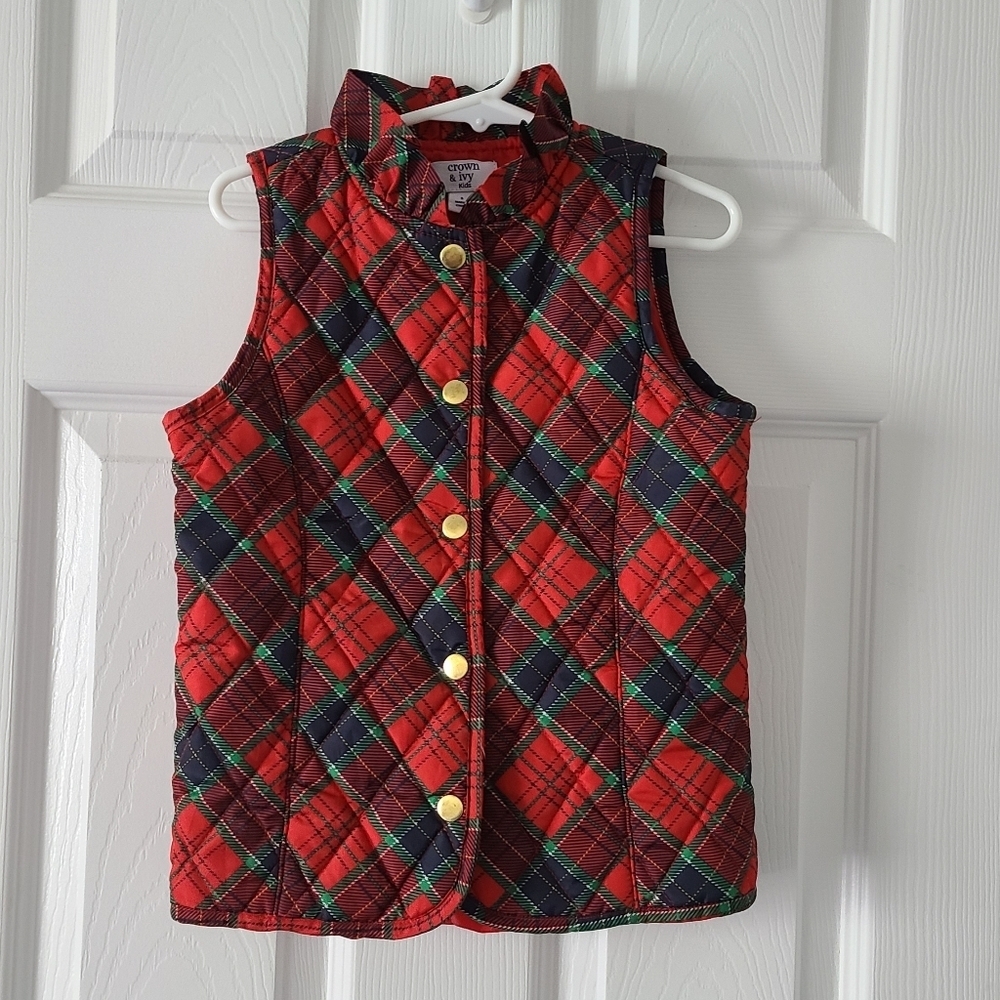 Crown & Ivy Plaid Ruffle Collar Vest